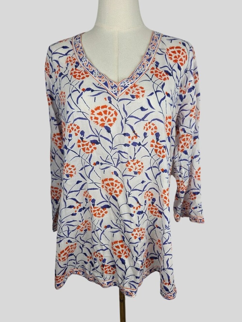 Gretchen‎ Scott Tunic Top Sz L Orange Blue Floral Cotton Resortwear Preppy Boho